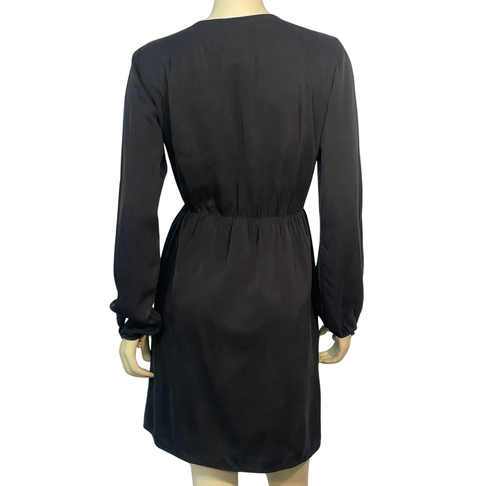 Theory Sz L Liev Wrap Dress Long Puff Sleeve V-Neck Black Cicero Silk Minimalist - Picture 3 of 9
